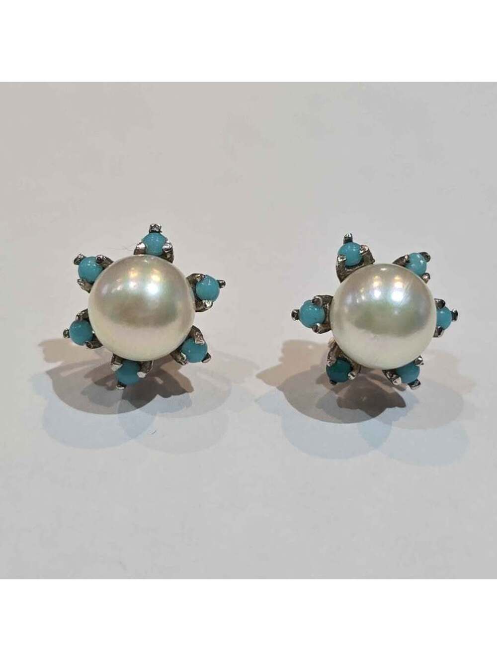 14K white Gold SHINJU Pearl &  Turquoise  Earrings